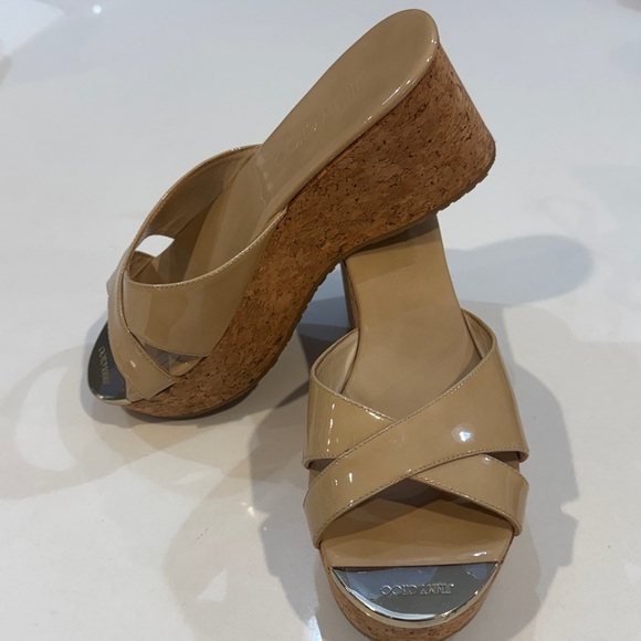 Jimmy Choo Prima Nude Patent Leather Cork Wedge Slide Sandals. Size 37 1/2 - Picture 5 of 15